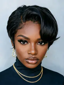 pixie cut human hair wigs 13x4x1 T part lace side part curly black color daily party cosplay gift use wig short curly human hair wig for women