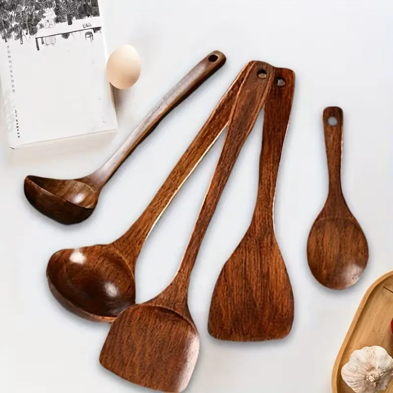 5-Piece Natural Kemu Wood Cooking Utensil Set - Wooden Spoons, Soup Ladle, Wok Spatula for Non-Stick Skillets, Comfort Grip, Smooth, Durable, Easy to Clean, Non-Toxic Kitchen Tools