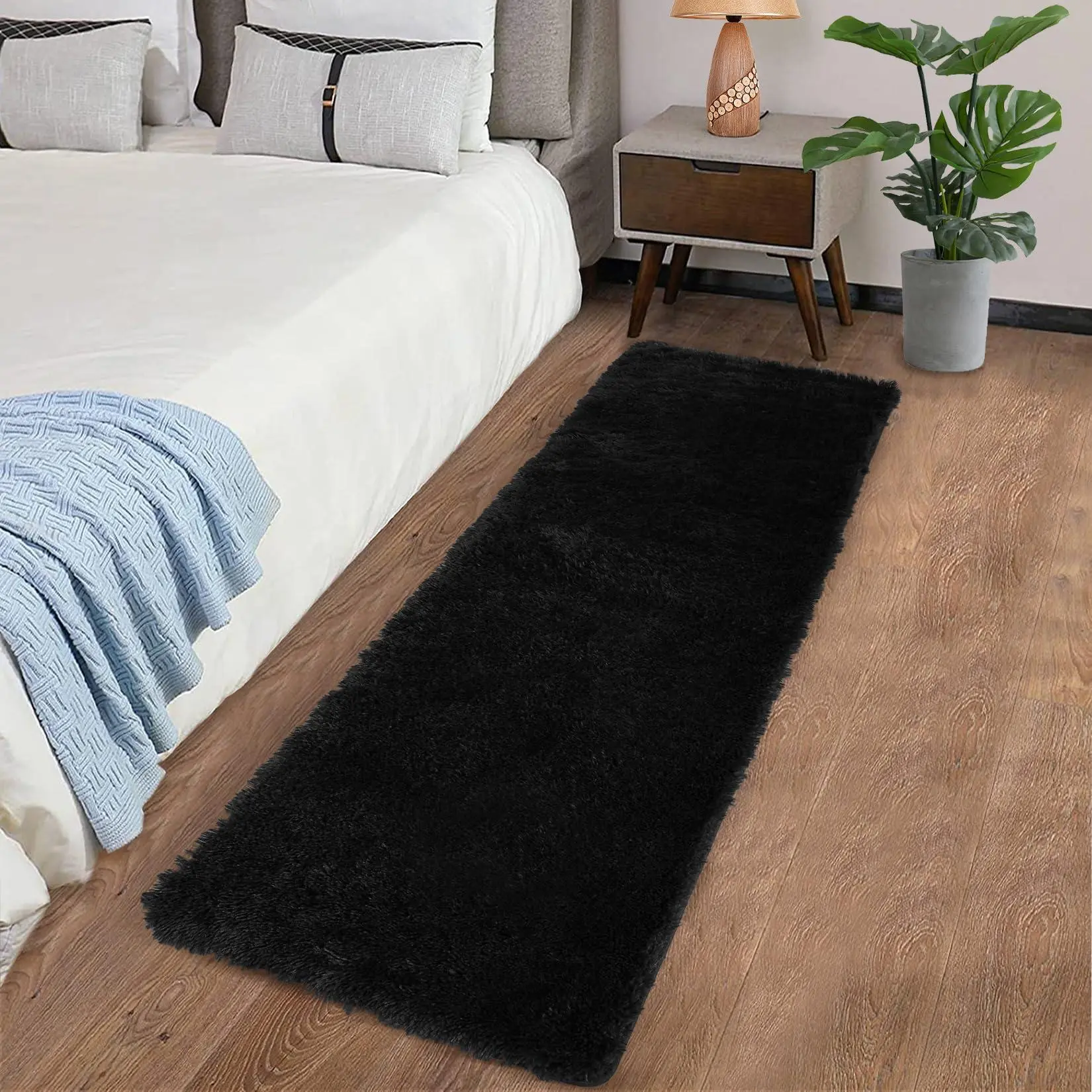 Gaomon Rectangular Plush Fiber Shaggy Look Fluffy Runner Rug, 2x6 ft Non-Slip Soft Indoor Carpet for Bedroom Kids Room, Black Room Decor Furniture