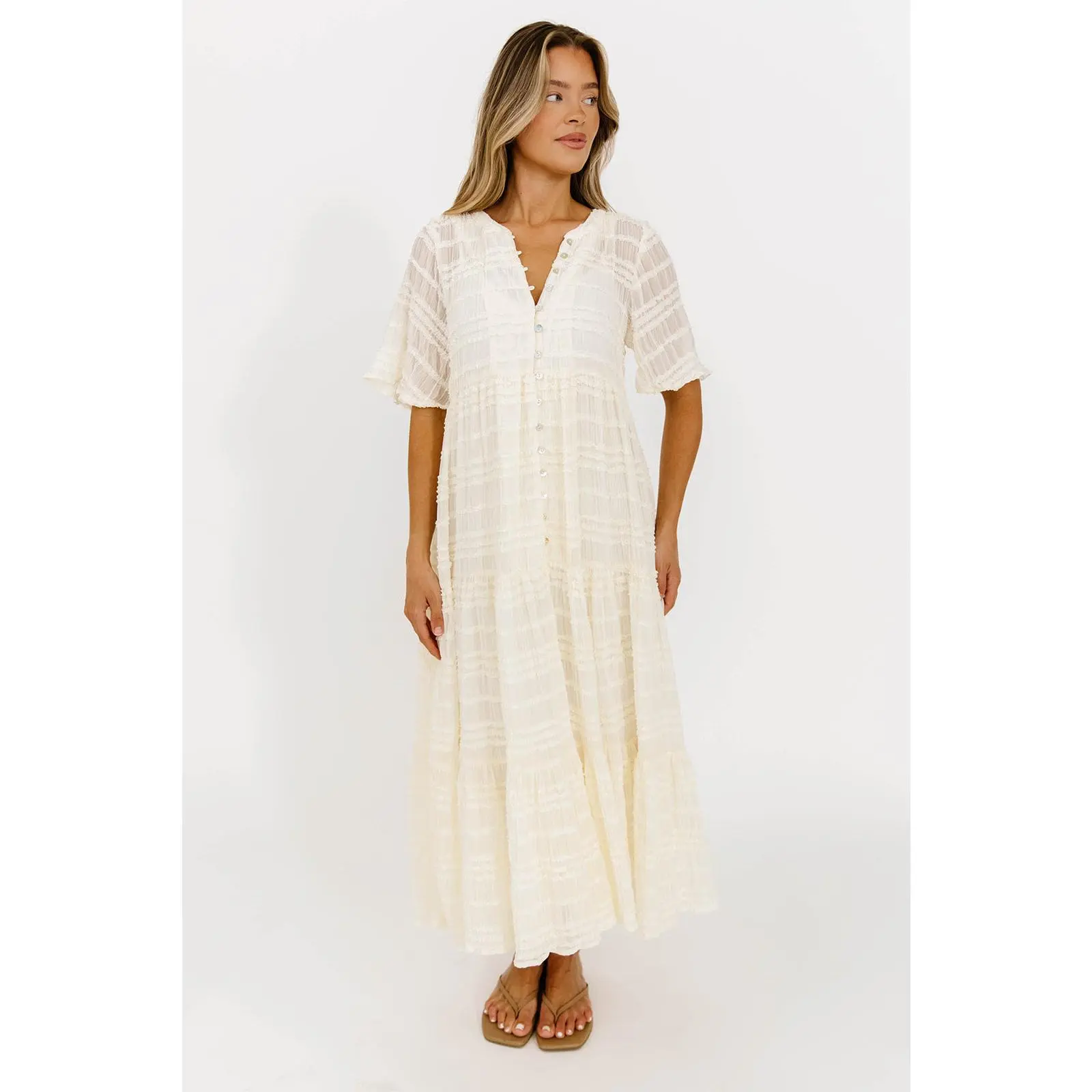 Kristin Tiered Woven Maxi Dress with Detachable Liner in Ivory - Bump Friendly
