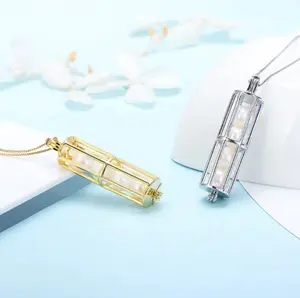 Genuine 925 Sterling Silver Cylinder Tube Pearl Cage Pendant Necklace - Silver