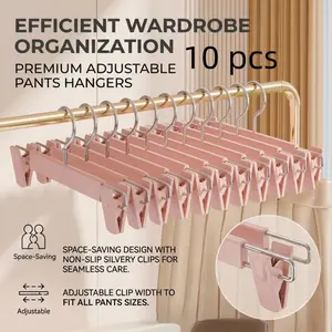10pcs Adjustable Pants Hangers with Non-Slip Clips, Space-Saving Skirt & Trouser Hangers for Closet Organization, Heavy-Duty & Slim Design