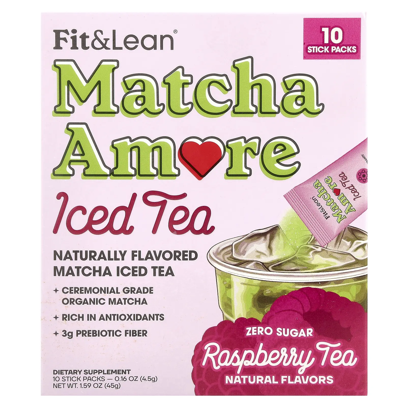 Fit & Lean Matcha Amore Iced Tea, Raspberry Tea, 10 Stick Packs, 0.16 oz (4.5 g) Each