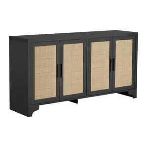 Garvee Entertainment Center for TVs Up to 70'' with Natural Rattan Finish, Storage Cabinets, Boho Media Console Table, Farmhouse Style Living Room Cabinet in Black