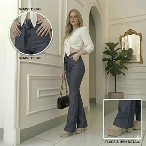 MHZ  slightly elastic waistband flared wide-leg women's jeans, stacked jeans loose-fitting women's jeans, Pants  Bottom Trouser Denim baggy jeans flared jeans jeans for women black jeans pantalones jeans mujer