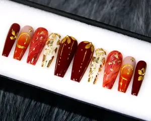 Burgundy Gold Foil Press On Nails | Luxury Red Marble Nail Art | Elegant Holiday Nails | Handmade Fake Nails | Glam Wine Red Nail