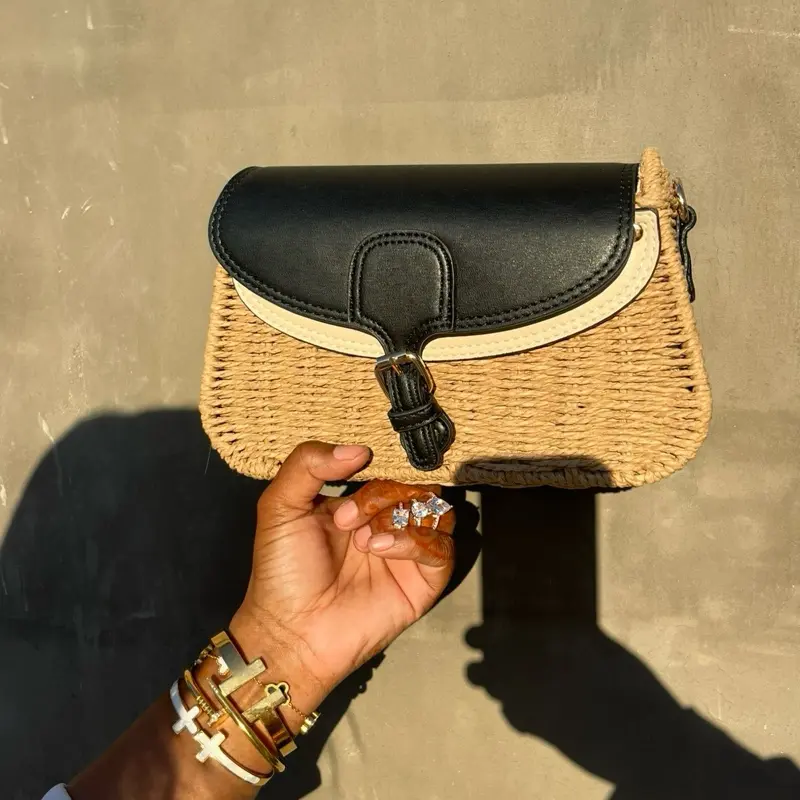 Boho Fashion Bag - Black & Beige Woven Crossbody with Leather Accents and Adjustable Strap