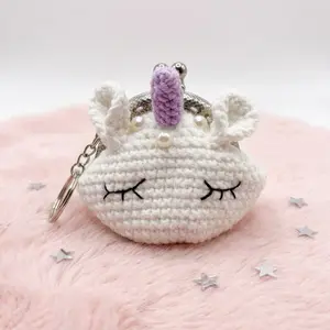 Crochet Unicorn Coin Purse with Purple Horn and Pearl Accents Adorable Keychain Accessory for Kids and Adults