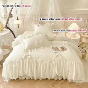 Solid Color Lace Bedding Set, 3 Counts/set Including Duvet Cover & Pillowcase, Soft Comfortable Bedding Set for Home Bedroom, Soft Bedding Sets