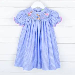 Storybook Smocked Blue Windowpane Dress - Girl's Peter Rabbit Easter Dress