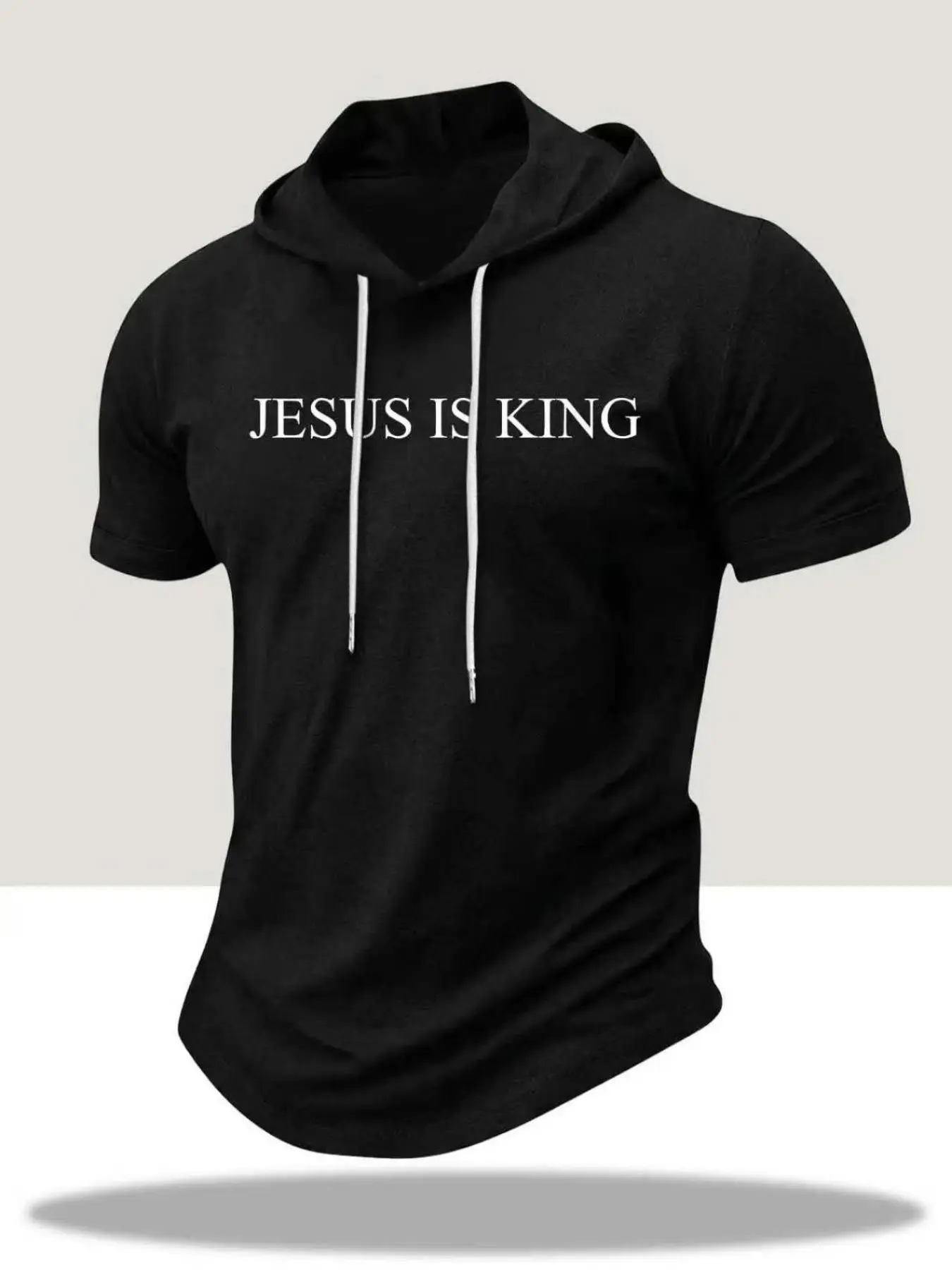 Men's "JESUS IS KING" Geometric Short Sleeve Hooded Menswear T-Shirt, Christian Faith Workout Tee, Slim Fit Casual Hoodie Top for Gym, Fitness, Daily Wear, Religious Gift #tiktokmademebuyit