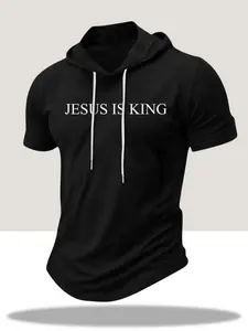 Men's "JESUS IS KING" Short Sleeve Hooded T-Shirt, Christian Faith Workout Tee, Slim Fit Casual Hoodie Top for Gym, Fitness, Daily Wear, Religious Gift #tiktokmademebuyit