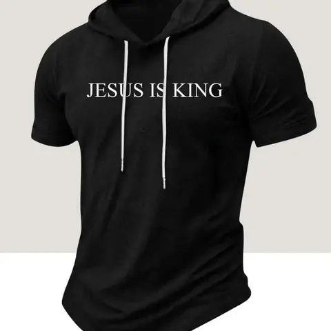 Men's "JESUS IS KING" Short Sleeve Hooded T-Shirt, Christian Faith Inspired Workout Tee, Slim Fit Casual Top for Gym, Fitness & Daily Wear, Religious Gift, Geometric