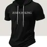 Men's "JESUS IS KING" Short Sleeve Hooded T-Shirt, Christian Faith Inspired Workout Tee, Slim Fit Casual Top for Gym, Fitness & Daily Wear, Religious Gift, Geometric