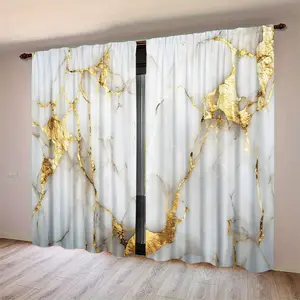 2 Piece Set Simple Marble Gold Texture Digital Print Curtains, Semi-Transparent Polyester Fabric, Home Decor for Bedroom Living Room Kitchen