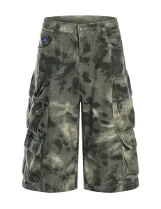 Aelfric Eden Tie Dye Camo Multi-Pocket Cargo Bermuda Shorts High Waist Camo Tie Dye Print Side Cargo Pockets Detail Baggy Wide Leg Heavyweight Washed Denim Fabric Y2K Casual Streetwear Unisex Bottoms
