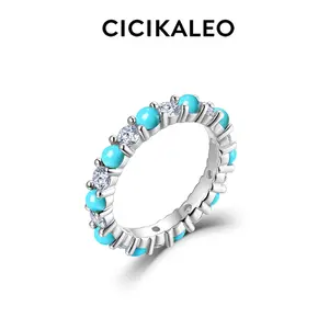 CICIKALEO 3MM Full Moissanite & Turquoise Eternity Band for Women D VVS1 18K White Gold Plated Lab-Created Hypoallergenic Wedding Ring Promise Anniversary Birthday Gift Fine  Formerly CICI GEMS