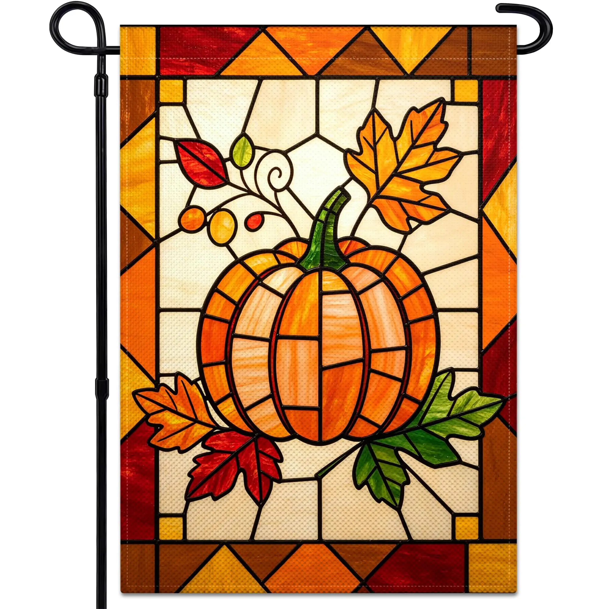 3-Ply Thanksgiving Garden Flag, 12x18 in Double-Sided Autumn Pumpkin Stained-Glass Printed Yard & Porch Decoration for Indoor-Outdoor Use