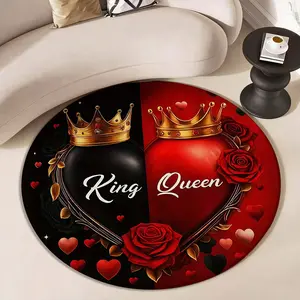 Romantic Royal Style King & Queen Heart Theme Round Rug, Decorative Area Rug, Luxurious Living Room Bedroom Decor, Perfect for Romantic Home Setup