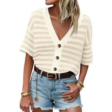 Saodimallsu Women's Short Sleeve Striped Crochet Style Knit Cardigan - Acrylic Cotton Knitting V-Neck Button-Down Minimalist Basic Knitwear for Spring, Summer Holiday Casual Wear