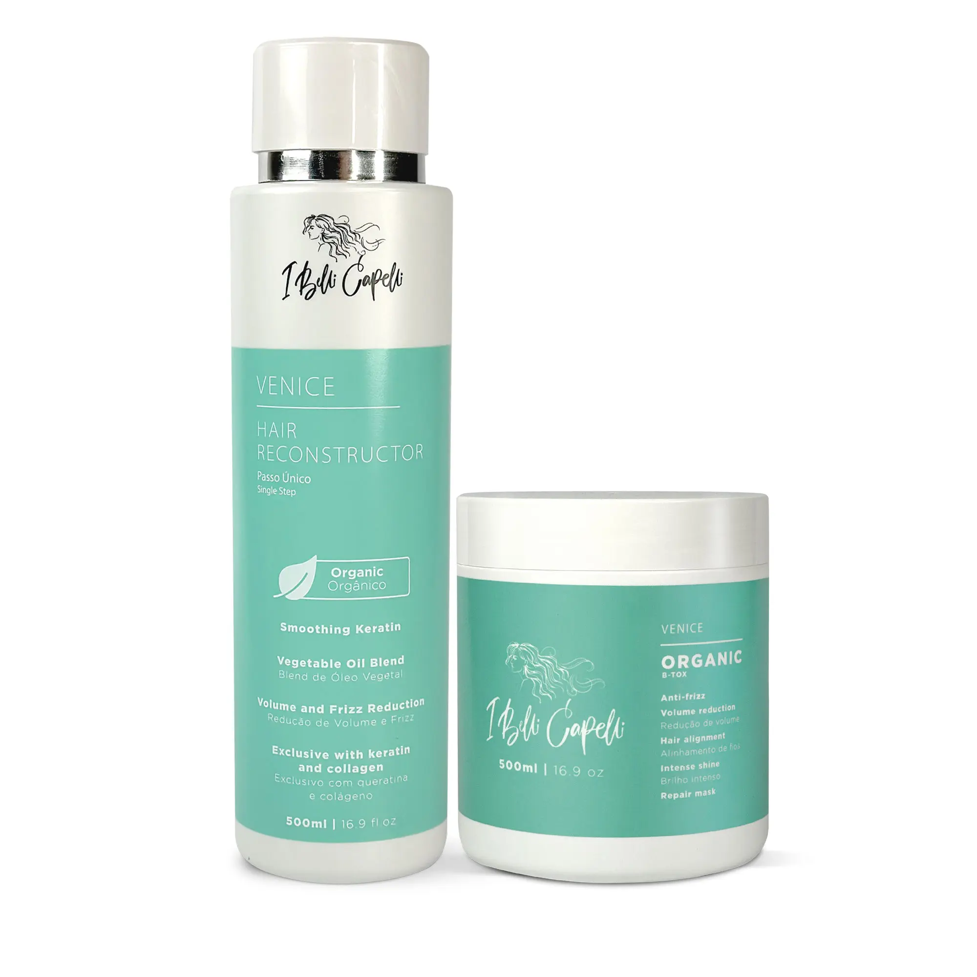 Kit I Belli Capelli Venice Hair Reconstructor Smoothing Keratin 500ml/16.9 fl.oz and Venice Organic Treatment B-Tox 500g/17.60 oz Natural Haircare Formula Scalp Moisturizing Intensive Repair