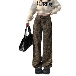 Women's Retro High-Waist Leopard Print Jeans - Plus Size Loose Casual Straight Wide-Leg Bottoms, Everyday Statement Womenswear Pants