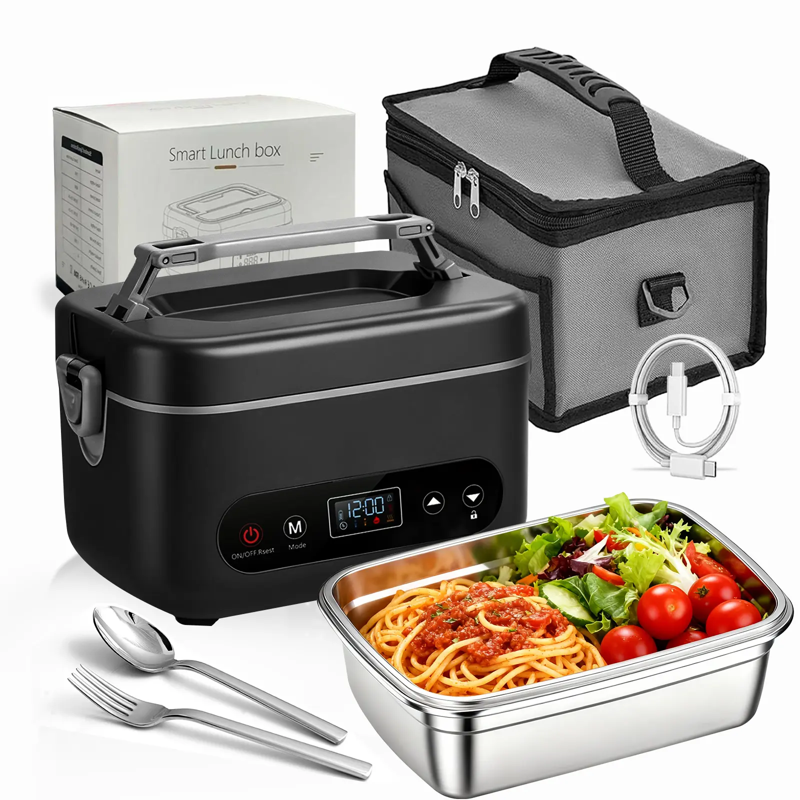 Electric Cordless Heated Leak-Proof Lunchbox - 12000mAh Battery, Silicone Thermal Lid, Stainless Steel Container Set, Timer, Nontoxic Food-Grade, Fork-Included Tableware, Even Heat Distribution, Portable Food Warmer for Busy Moms, Adults, Travel
