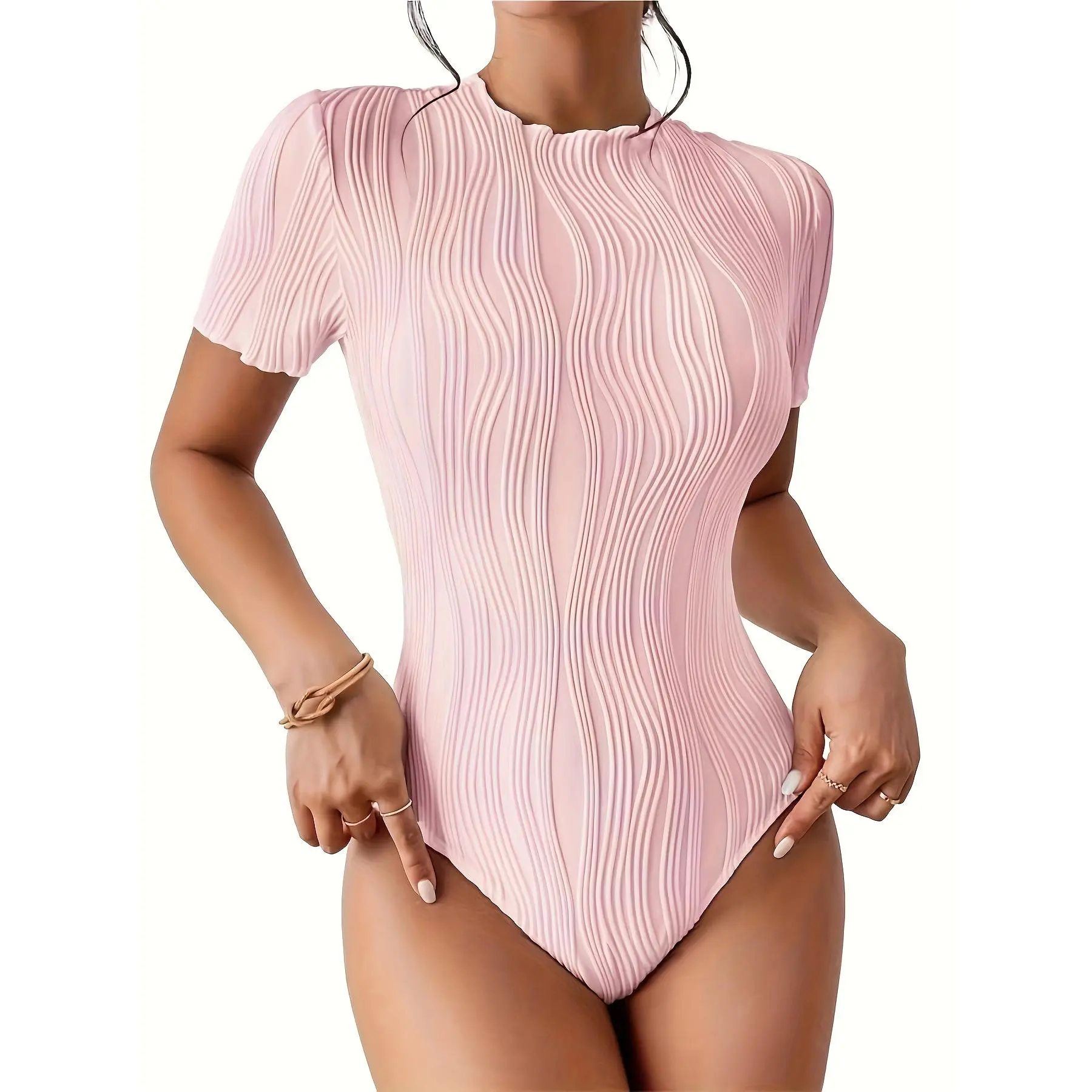 Elegant French-Inspired Knit Bodysuit for Women - Chic Short Sleeve, Round Neck, Textured White Leotard with Lettuce Trim Detail, Stretchy Polyester & Spandex Blend, Machine Washable Womenswear Tops Comfort Basic