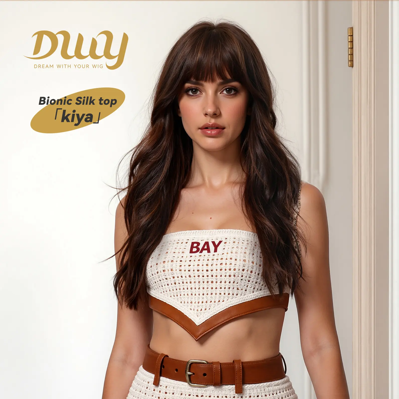 Kiya-DWY New Technology! Bionic Silk Top Sunkiss Highlights Brown 24-Inch Long Wave Glueless Synthetic Wig with Bangs for Women High-Quality Premium Fiber Easy Wear Comfortable Fit Straight Layered Wigs