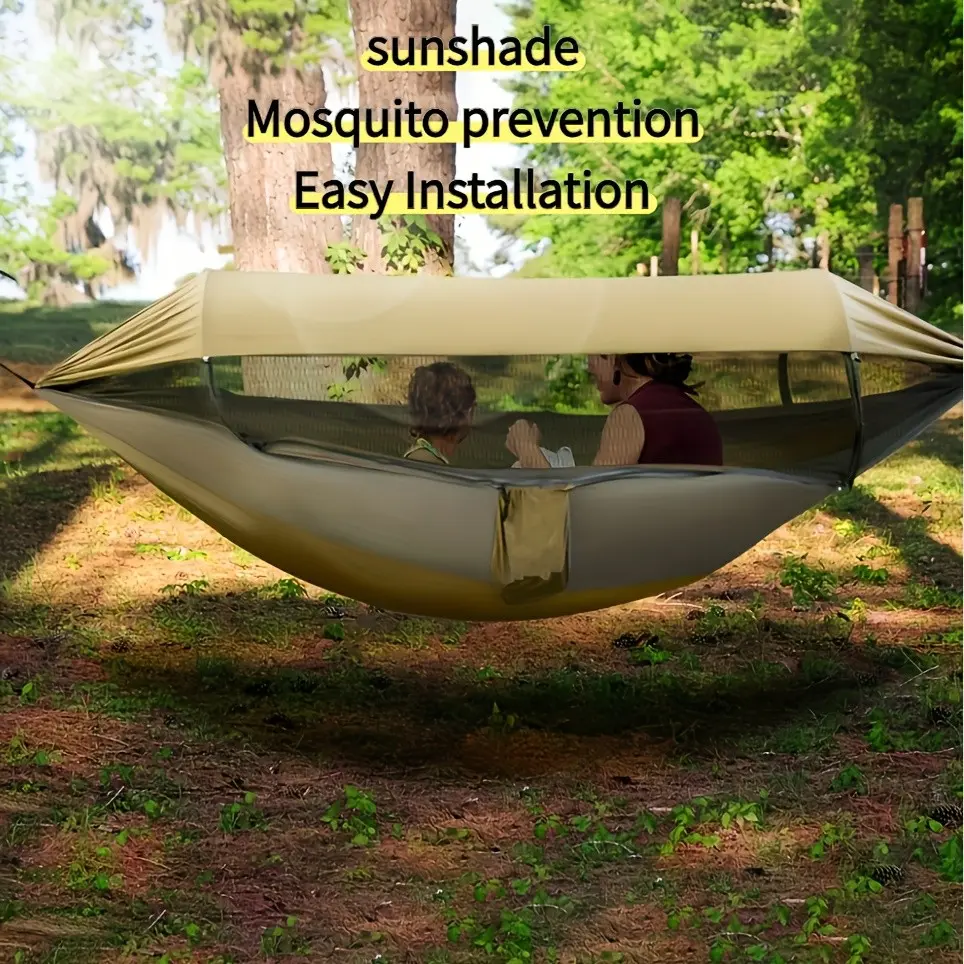 Outdoor Camping Hammock With Mosquito Net, 660lbs Load Capacity, Galvanized 8-Shape Buckle& Fiberglass Poles, Large Anti-Rollover Design For Travel/Backyard, Father'S Day Gifts