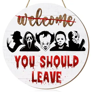 Halloween Killer Theme Round Wooden Sign, Welcome You Leave Ghost Door Hanger, Horror Movie Bloody Wreath Wall Plaque, Home Party Decor