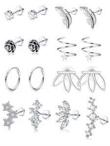 8 Pairs Silvery CZ Earring Set for Women Men with Flower Leaf Star Patterns Mix of Studs Hoops for Cartilage Daily Piercing Wear Hypoallergenic Stainless Steel Construction Ensures Safe Long-time Wear for Daily Use Holidays Festivals Parties