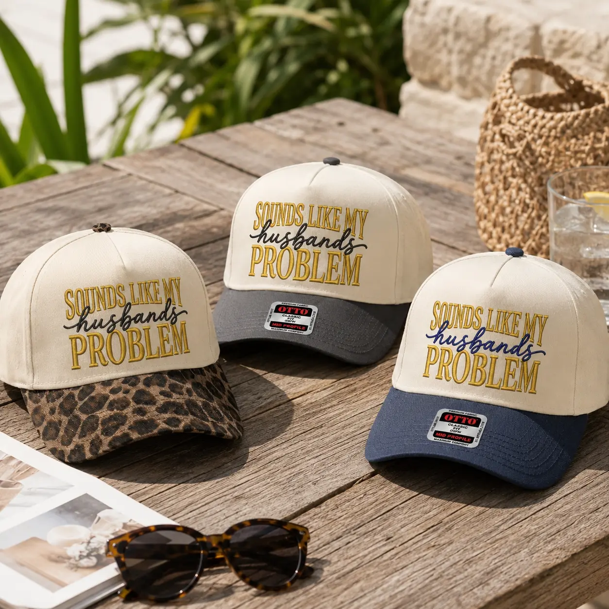 Sounds Like My Husband's Problem Embroidered Trucker Hat, Funny Wife Two Tone Baseball Cap, Leopard Print Brim Snapback, Sarcastic Marriage Gift for Women, Birthday Anniversary Outdoor Summer Headwear
