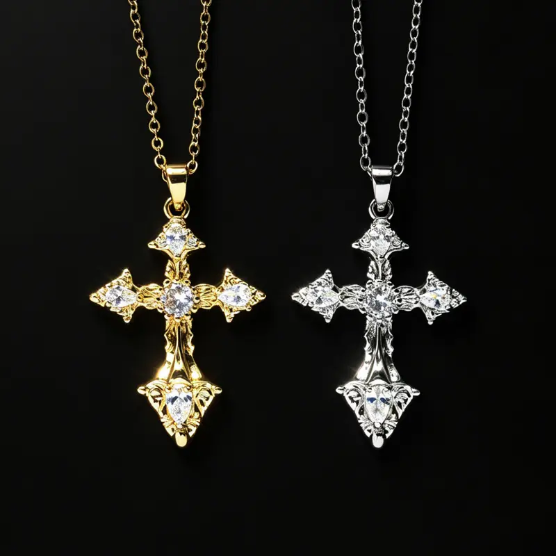 Women's Vintage Baroque Cross Pendant Necklace - Stainless Steel 18-20 Inch Adjustable Collarbone Chain, Unisex Christian Elegant Spiritual Jewelry, Trendy Personalized Piece for Daily Wear