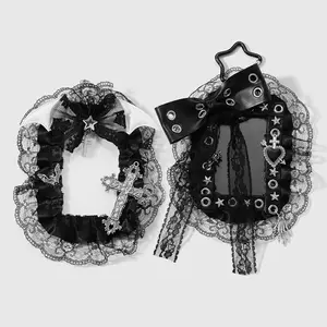 1 piece Y2K retro punk unique dark gothic black leather card holder/case featuring metal accents, bow, studs, stars, lace, handcrafted trim, intricate cross, heart, bat wings, acrylic slider; DIY keychain and bag charm; suitable for office workers, studen