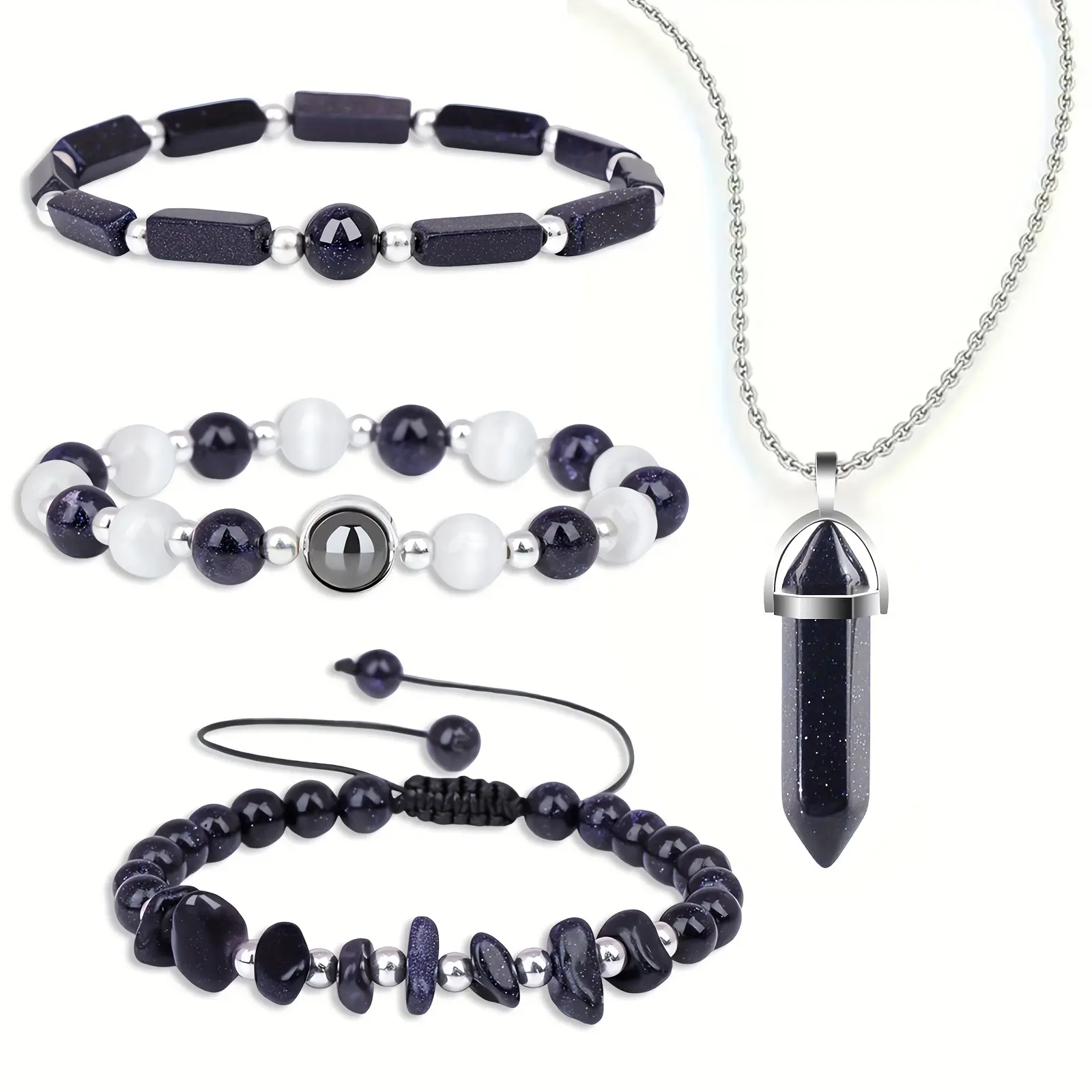 4Pcs Necklaces for Women, 8mm Coupl Blue Sandstone Crystal Bracelet Necklace Set for Women, Hematite Jewelry Natural Healing Protection Stone Bracelets Beaded Bracelets Gift for Men Women