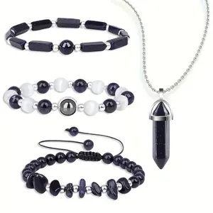 4Pcs Necklaces for Women, 8mm Coupl Blue Sandstone Crystal Bracelet Necklace Set for Women, Hematite Jewelry Natural Healing Protection Stone Bracelets Beaded Bracelets Gift for Men Women