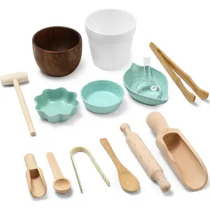 14pcs Sensory Bin Fine Motor Skill Toys for Boys Girls, Wooden Sensory Tools for Fine Motor Learning Include Tong Spoons Bowls Plate Hammer Magnifying Glass Rolling Pin