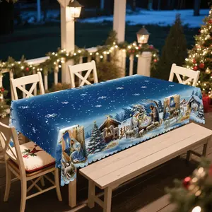 PLUMLIK Christmas Tablecloth with Jesus, Winter Snow Scene, Deep Blue Starry Sky, Christmas Decor 2025, Christmas Party Decoration for Home Indoor Outdoor, Vintage Blue Round Rectangular Table Cloth, Holiday Kitchen Festive Decor, Christmas Gifts