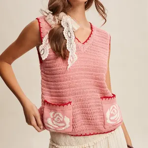 Rose Crochet Knit Vest - Soft Knit with Delicate Rose Details & Front Pockets for Cozy Comfort & Feminine Charm - Sleeveless & Relaxed Fit