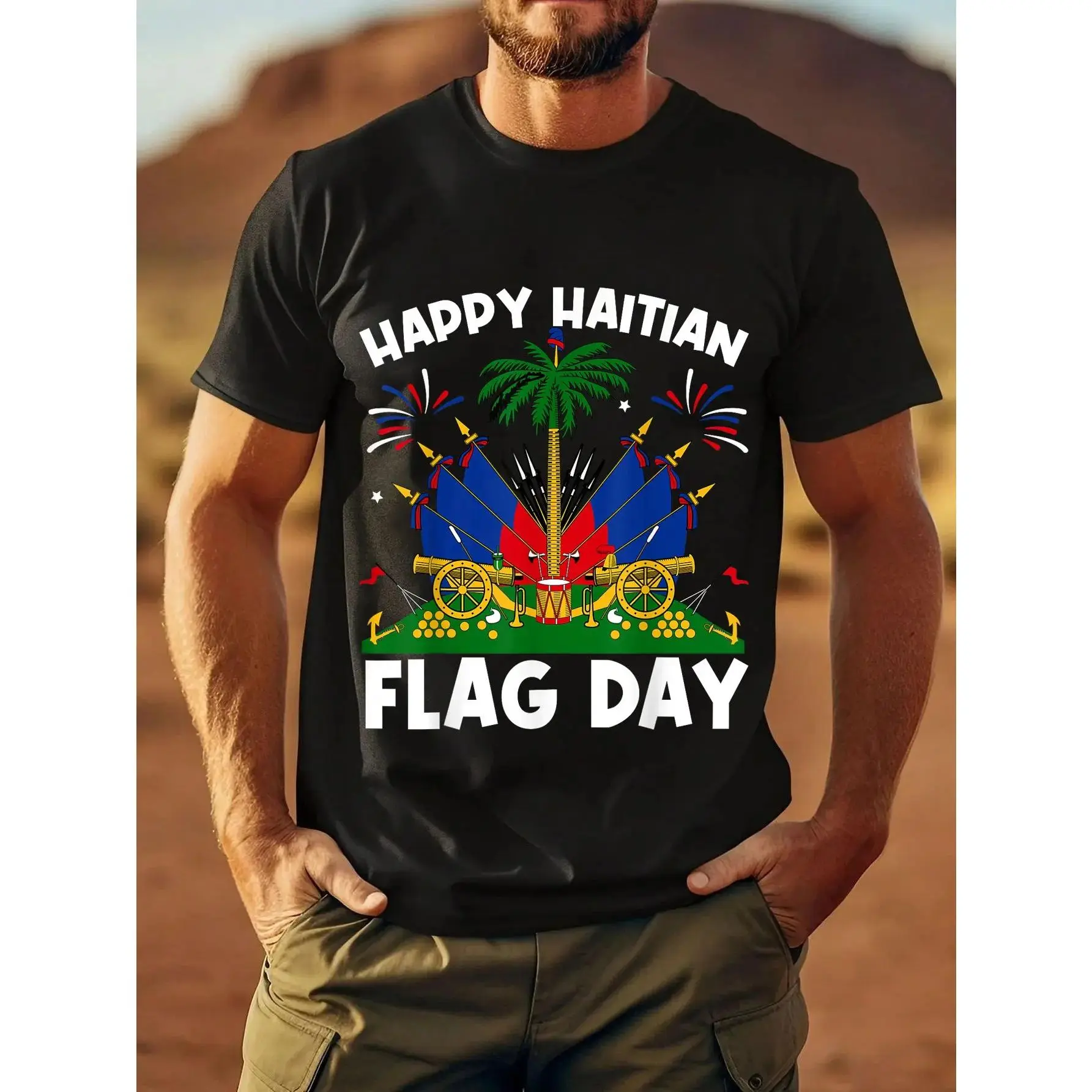 Haitian Flag Day Graphic T-Shirt, Unisex Casual Loose Fit Streetwear Top in 100% Breathable Cotton, Short-Sleeve Round Neck, Fade Resistant, Shortsleeve, Breathable Fabric, Never Goes Out Of Style, Flag Print, M, Flag Theme