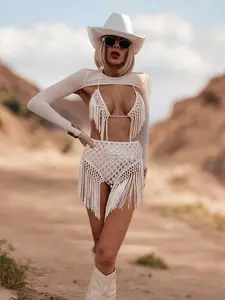 Rose Gold Fringe Goddess Festival Set - Sequin Fringe Outfit for Festival Rave & Three-Piece Bachelorette Party Costume - Clothes