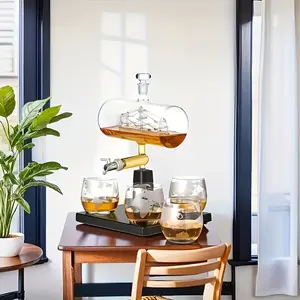 1 Set Of Whiskey And Wine Decanter 44oz/300ml, 4 Globe Water Glasses 10oz/300ml, 1 Wooden Frame, Exquisite Crystal Glass Globe And Sailboat Design, Perfect for Family Bars, Bourbon Enthusiasts, And Unique Birthday Gifts, Ideal for Men