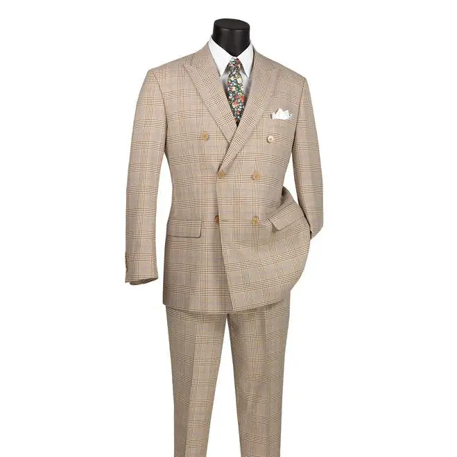 2-Piece Double Breasted Glen Plaid Regular Fit Suit - Beige