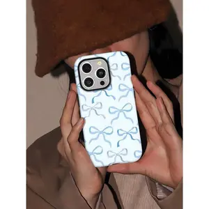 Blue Bow Mobile Phone Case, Decorated with Ribbon and Pastel Design,suitable for IPhone17 Pro Models, Made of TPU Material, and Provides Shockproof Protection. Perfect for Family,  Birthdays, Holidays, Boyfriends, Girlfriends, and Valentine's Day Gifts.