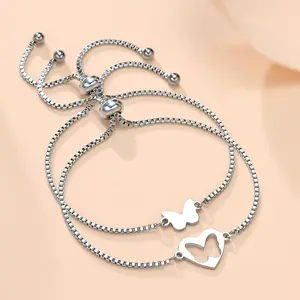 Mother-Daughter 2-Piece Adjustable Box Chain Bracelet Set with Butterfly and Heart Pendants - Costume Jewelry Gift for Mothers and Daughters