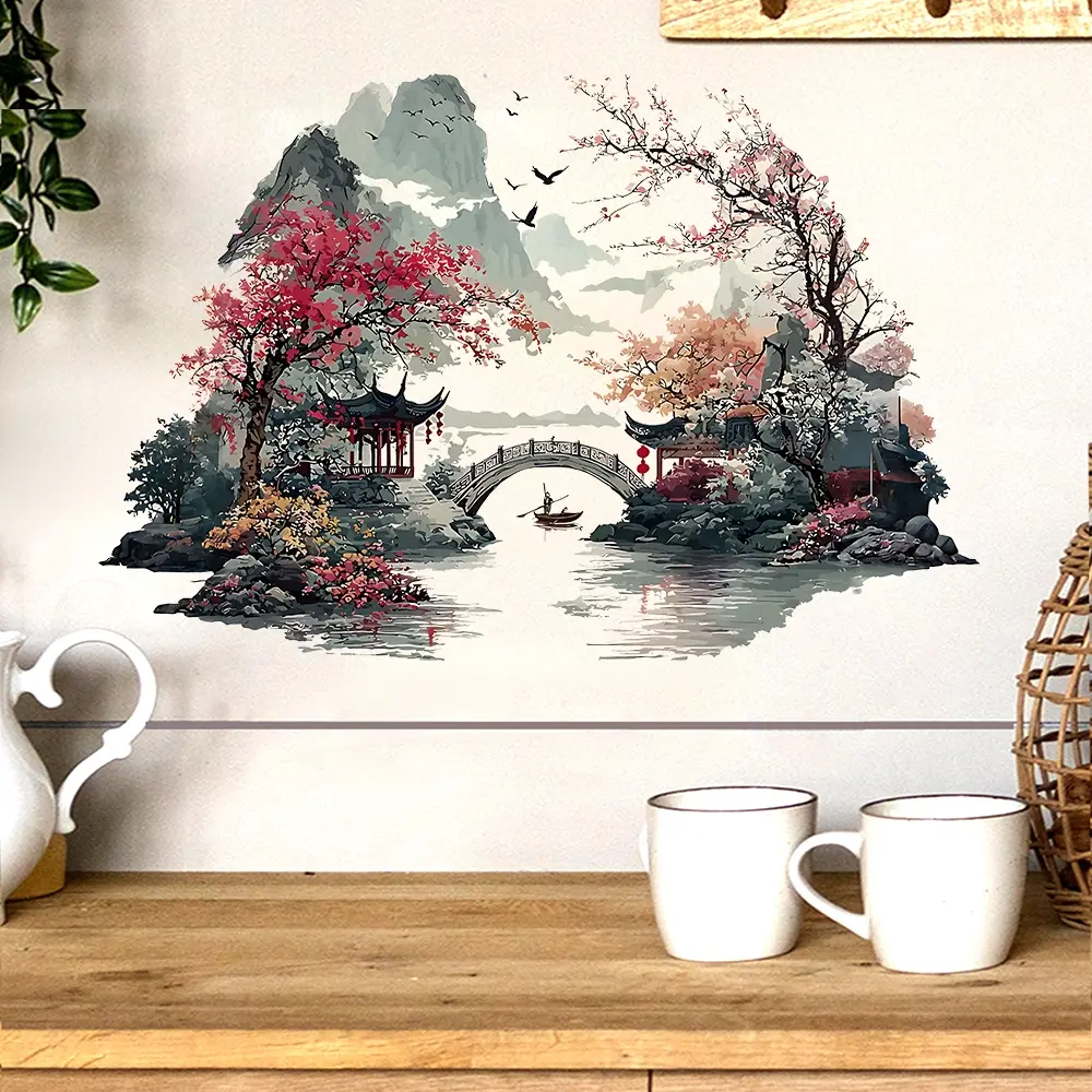 1 piece oriental ink painting wall sticker, landscape sticker, Chinese style 2D flat sticker, Decorative Sticker, suitable for living room, door wall, home decoration PVC waterproof stickers, removable self-adhesive sticker wall sticker