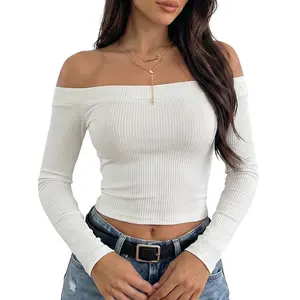 Women's Ribbed Off-Shoulder Long Sleeve Form-Fitted Crop Top - Casual Knit Blouse for Everyday & Night Out, Womenswear Knitwear Pullover Shirts Basic Minimalist Short