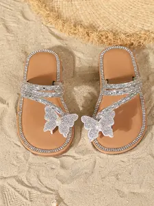 Girls' Beach Vacation Slippers, Beach Flip Flops, Rhinestone Butterfly Design, Soft Sole, Easy Wear & Remove, Summer Sandals, Casual Flat Shoes