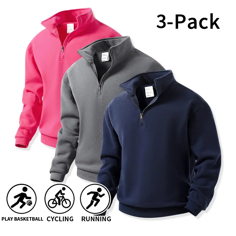 3-Pack Classic Solid Quarter Zip Pullover Sweatshirts for Men, Breathable Stretch Long Sleeve Stand Collar Fleece Sweat Tops, Casual Loose Sweatshirt for Running, Cycling, Basketball, Gym Workouts, Everyday Wear